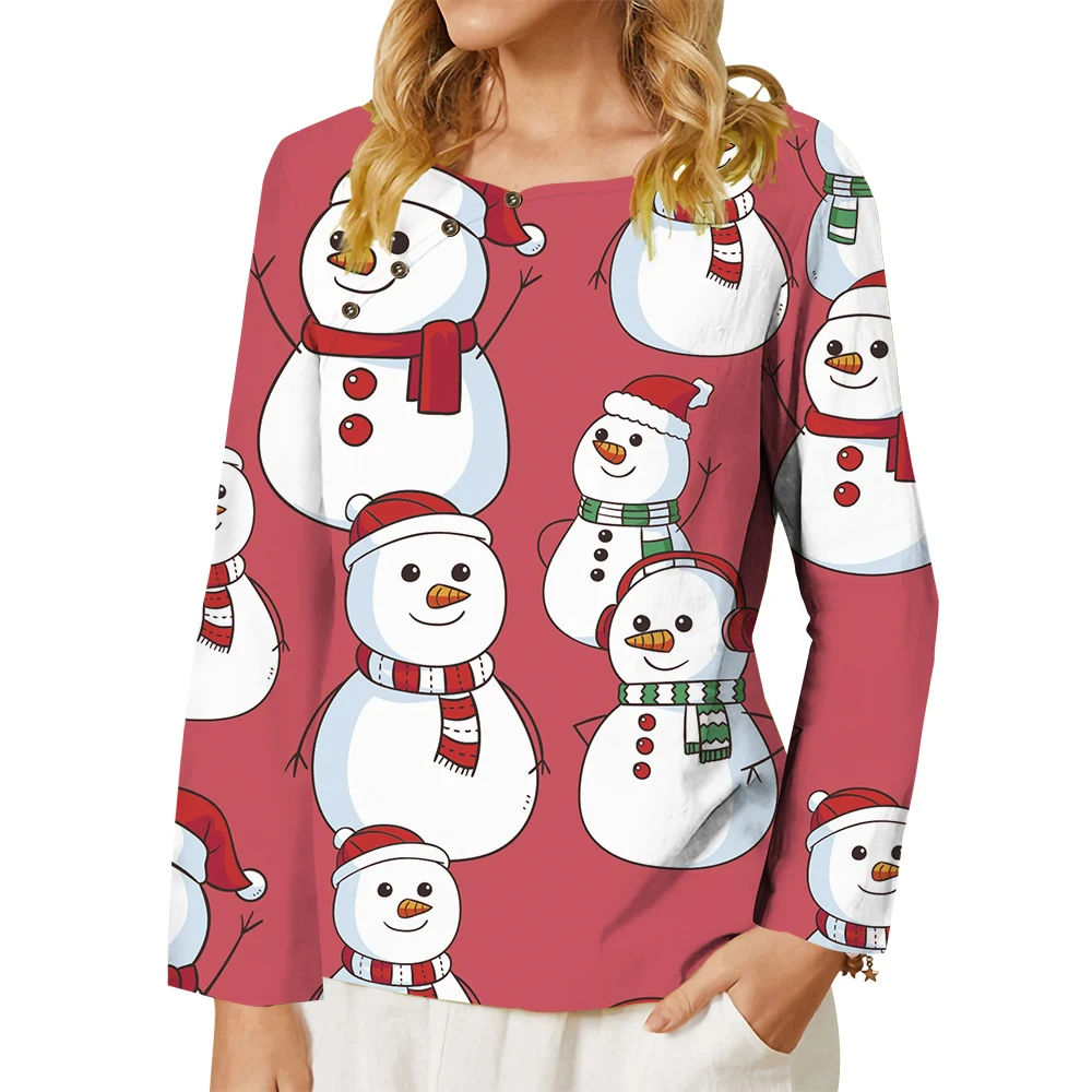 CLOOCL Women Blouse Fashion Kawaii Loose Casual Long Sleeve Tee Cute Cartoon Snowman T-shirt Festival Wear Oversized Tops