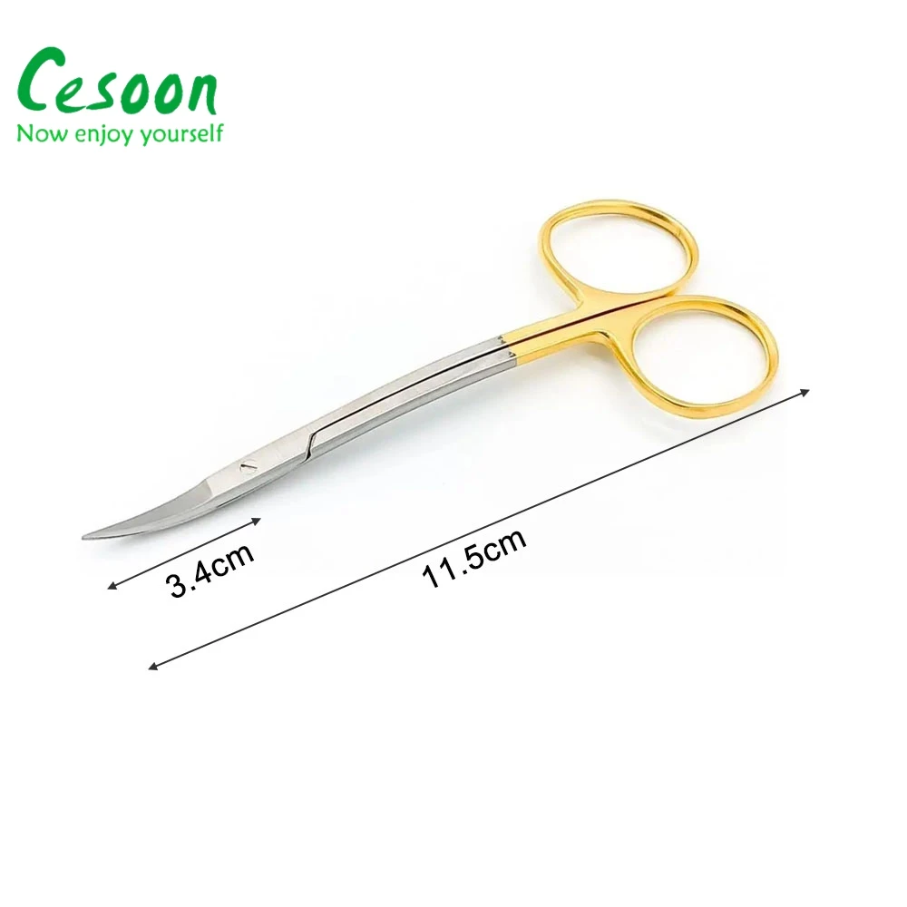 11.5CM Dental Surgical Double Curved S Scissors Gold Plated Handle Stainless Steel Dental Tools for Clinic Lab Instrument