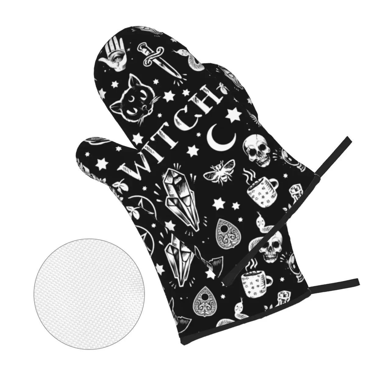 Witch Pattern Oven Mitts and Pot Holders Sets of 4 Halloween Heat Resistant Kitchen Gloves Potholders for Cooking Grilling