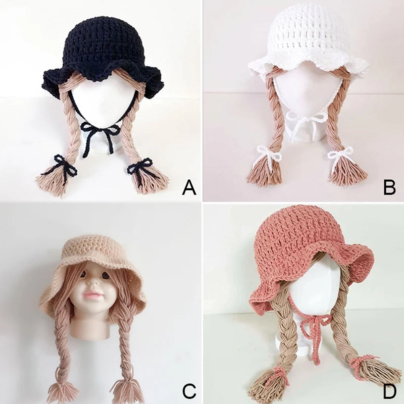 1-5 Yrs Autumn Winter Girls Hat Kids Hand Knitted Caps With Braids Children Fashion Wigs Hat Plaits Wig Bonnet Photo Accessories