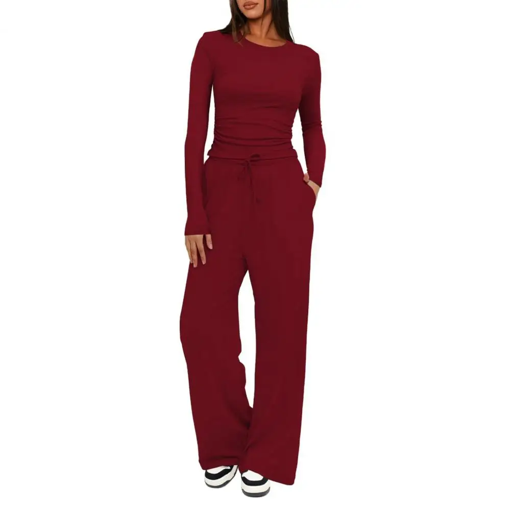 Spring Autumn Women Outfits Top Pants Set Slim Crewneck Sweatshirt, Elastic Waist Loose Wide Leg Pants Lounge 2-Piece Set