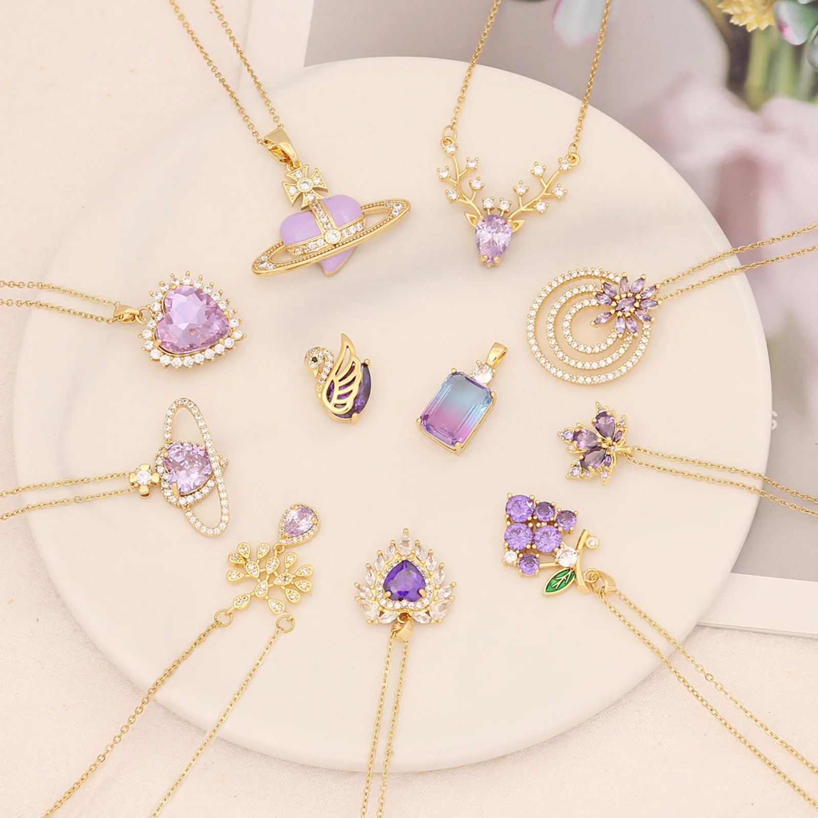 Fashion Copper Pendant Necklace Gold Color Heart Bowknot Sweet Pink Purple Cubic Zirconia Collar Women Jewelry Party 40cm long