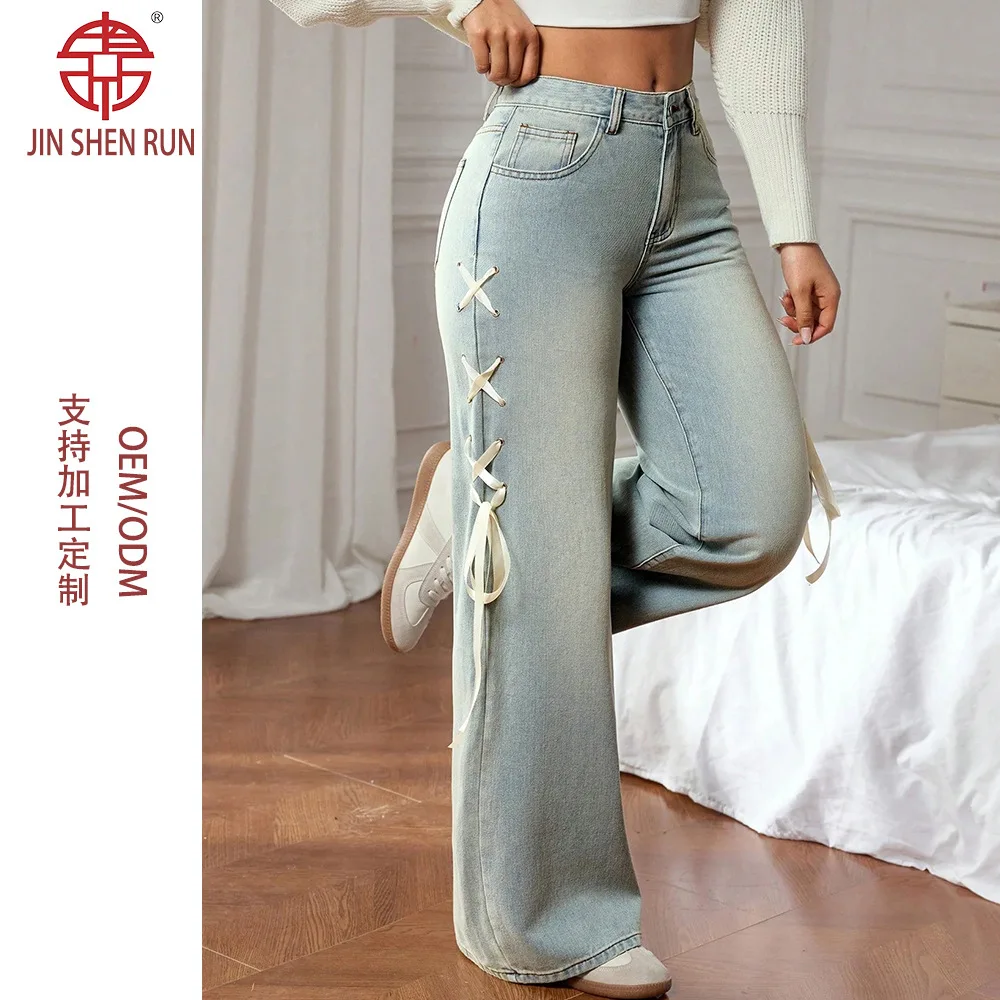 2025 New Casual Wide-leg Jeans Loose Version Standard Size Women's Clothing Fashion Denim Side Waist Ribbon