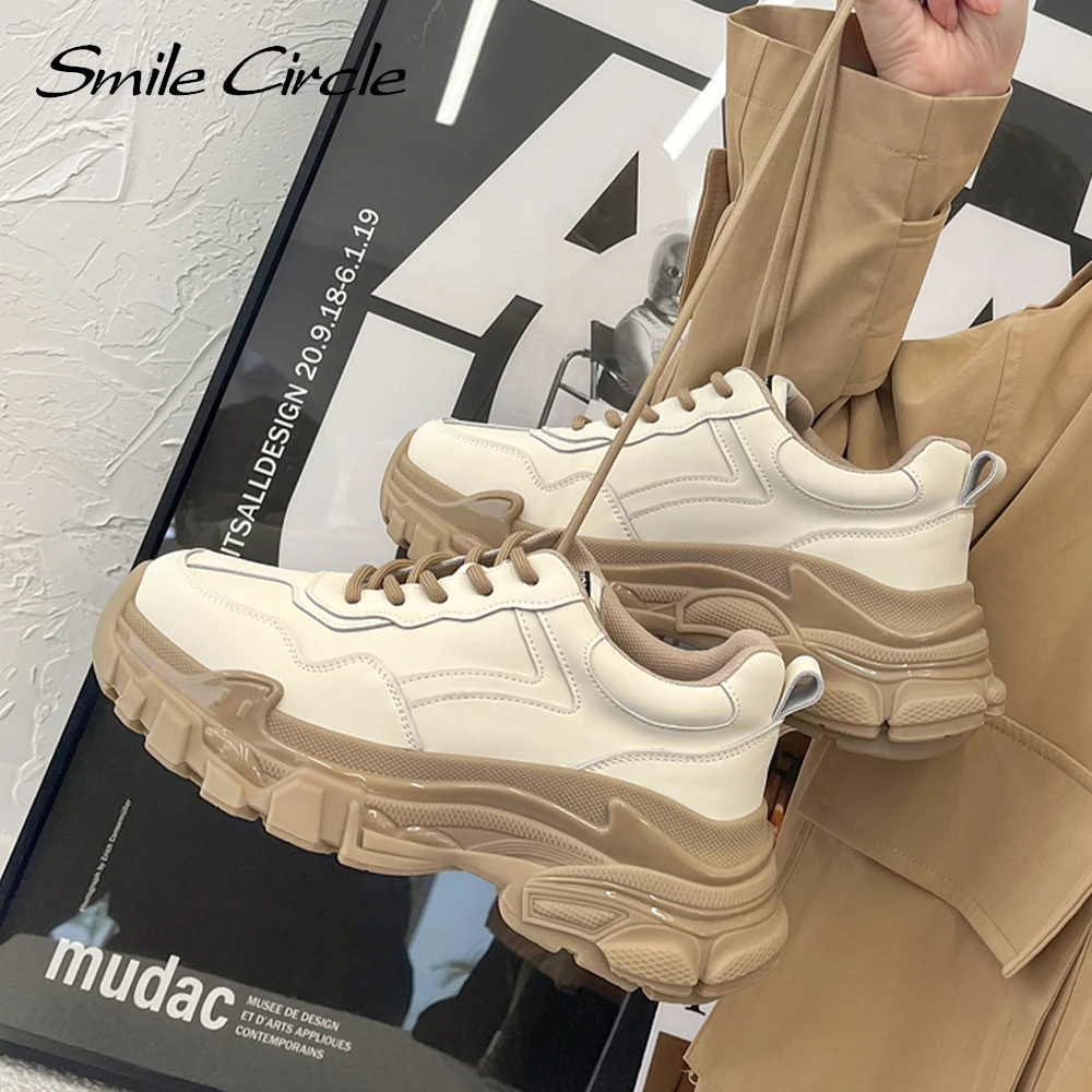 Smile Circle Chunky Sneakers Women\'s Flat Platform Shoes Genuine Leather Fashion Casual Thick-soled Ladies Sneakers Spring 2022