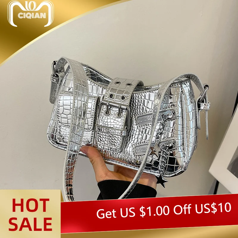 

New Punk Style Armpit Bag y2k Rivets Handbags Women's Crocodile Pattern Leather Bag Versatile Shoulder Crossbody Bag Luxury