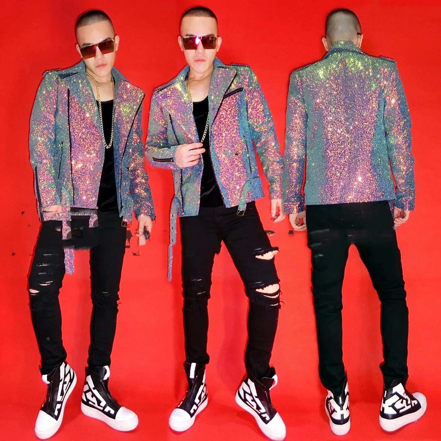 

magic color flash diamond men's motorcycle leather jacket Nightclub singer DJ GD with the same super-dazzling costume