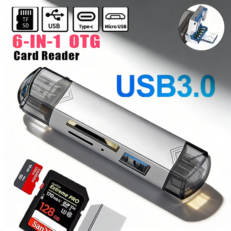 

6 In 1 OTG Multifunction USB 3.0 Card Reader U Disk TYPE-C/Usb/Tf/Sd Flash Drive Memory Card for Adapter Phone Laptop Compute