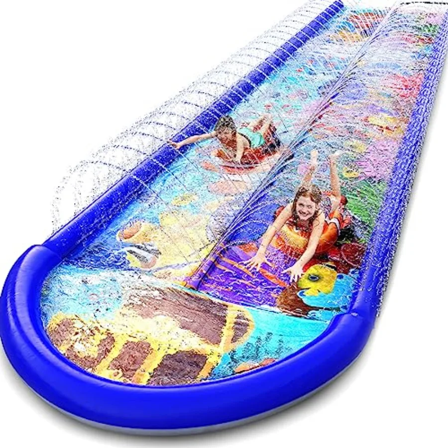 Undersea Water Dual Slip and Slide for backyard use, PVC material, blue and white color, dual-lane design with splash pad and s