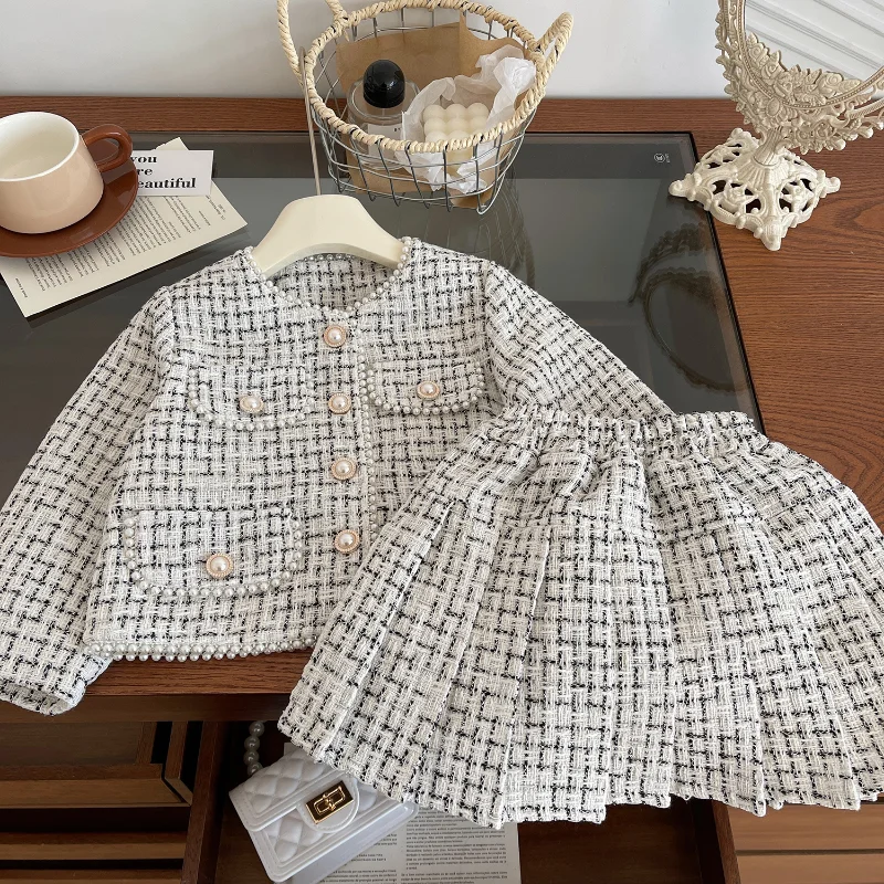 Girls Long Sleeve Set Autumn New Girl Small Fragrant Wind Thousand Bird Lattice Set Temperament Generous Skirt Set for 2-7yrs