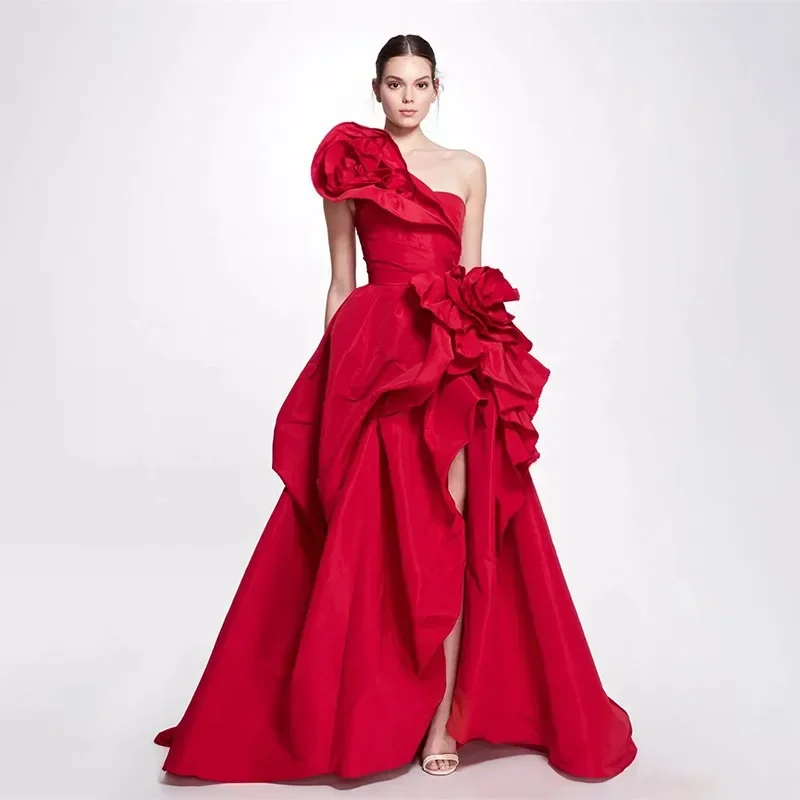 Customized Fashion Red One Shoulder Formal Evening Dresses Long Bridal Wedding Prom Gowns for Birthday Floor-Length Party Dress