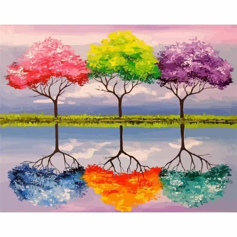 Kit de pintura por números para adultos, sin marco, para principiantes, con diseño de "Árboles de colores y reflejos", kit de pintura al óleo.