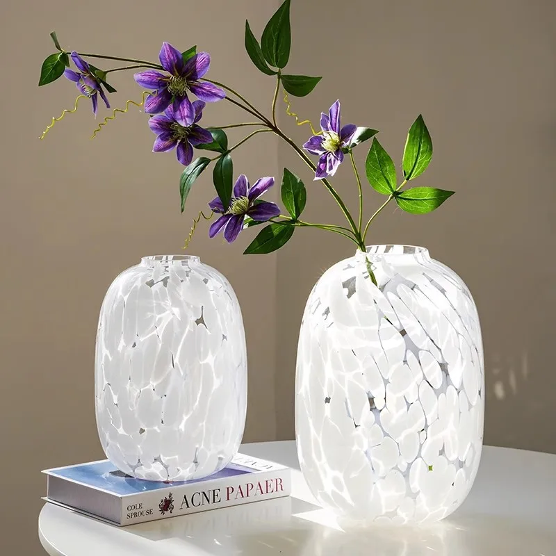 White high-end big belly round small mouth glass vase hydroponic horse drunk wood snow willow flower arrangement floor ornament