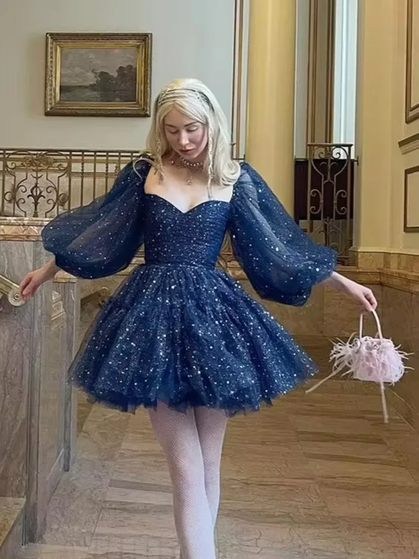 

Sexy Glitter Navy Blue Short Summer Prom Dresses Arabic Lady Sweetheart Mini Evening Dress Night Event Formal Gown Homecoming