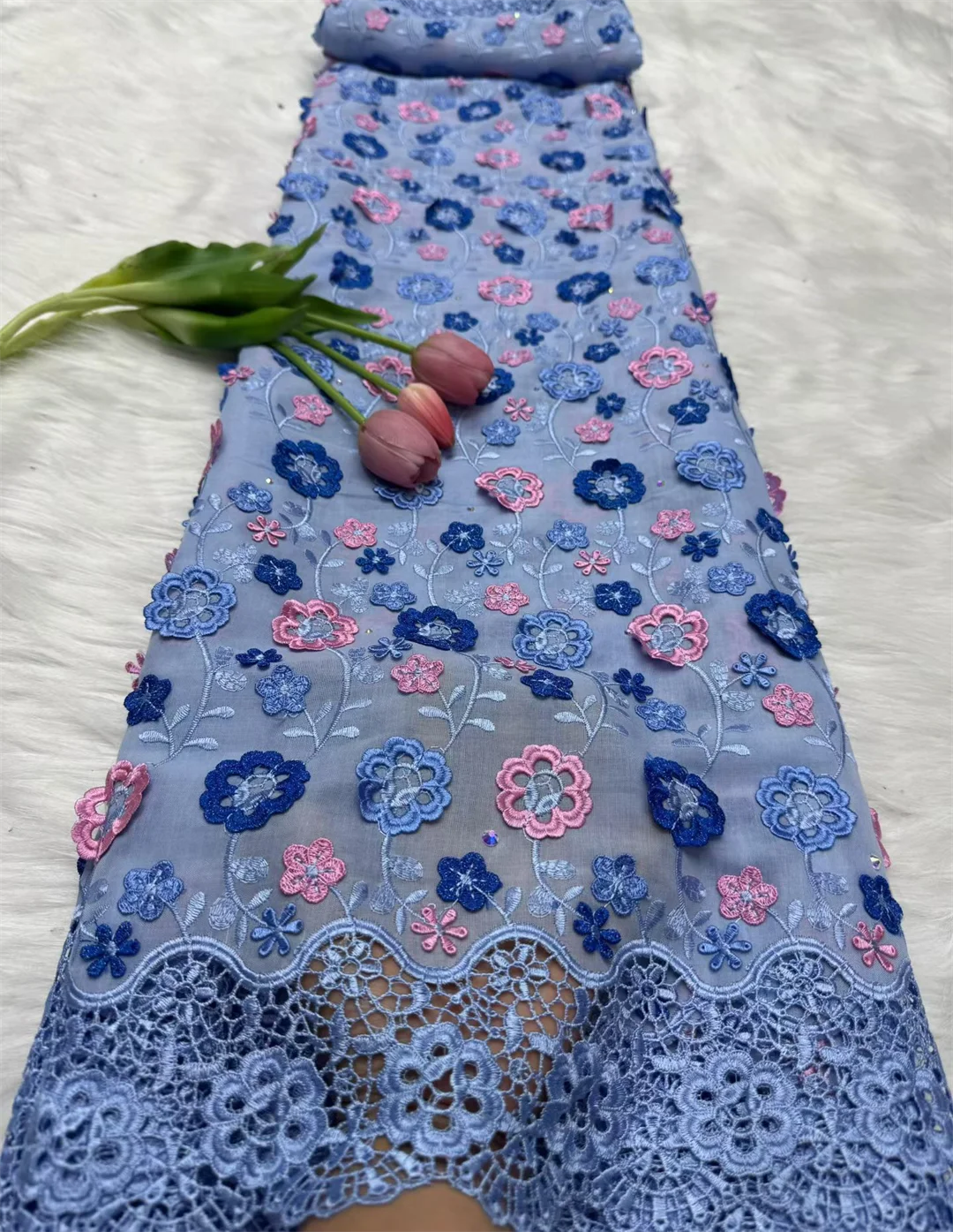 قماش دانتيل فوال سويسري نيجيري مع زينة زهور ثلاثية الأبعاد وأحجار فستان زفاف أفريقي عالي الجودة دانتيل 2026 #5