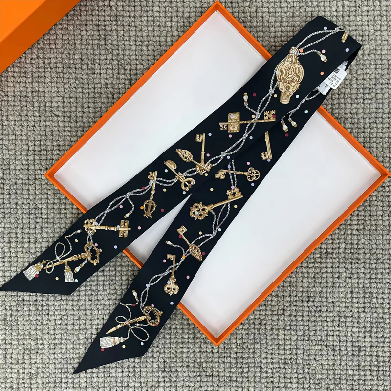 POBING Wheel Print 18m/m Twill Silk Scarves Women Luxury Brand Scarf Bag Ribbons Tie Head Scarf Small Long Skinny Scarf 86*5CM