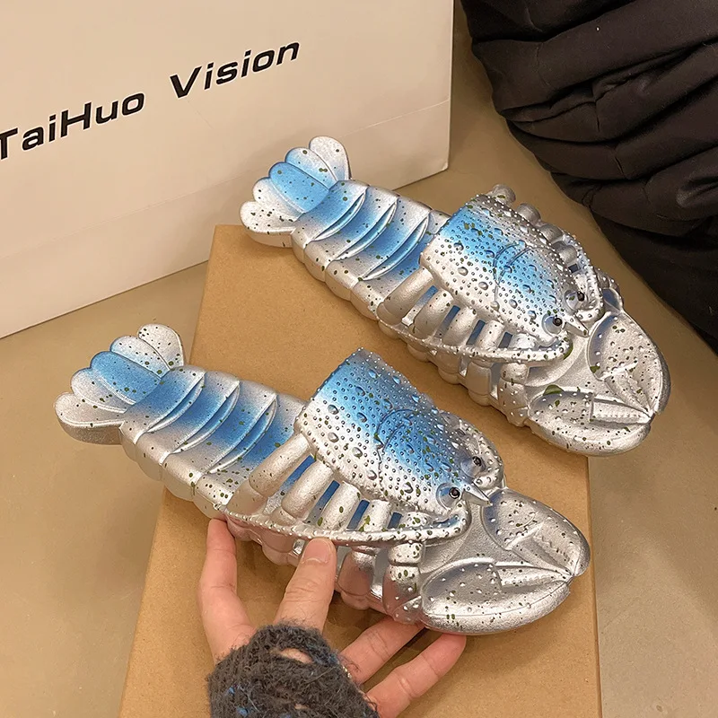 2026 New Funny Cartoon Lobster Slippers Unisex Metal Color EVA Soft Anti Slip Indoor Outdoor Beach Garden Casual Home Slides Big