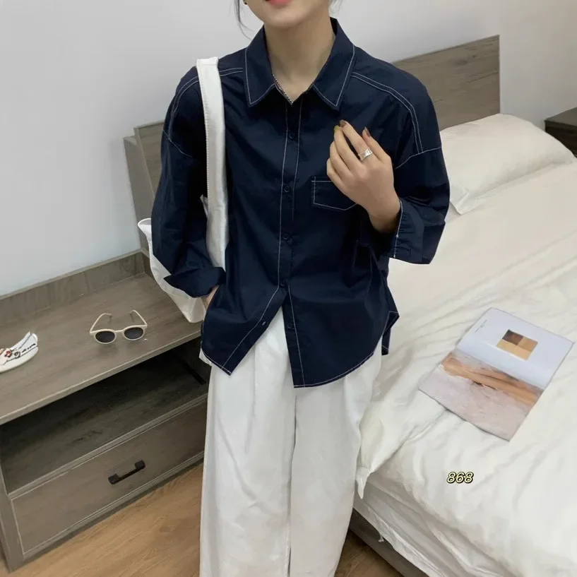 

Retro shirt women's spring new loose and thin top casual pocket lapel long-sleeved shirt