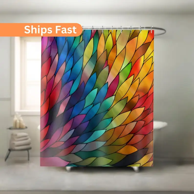 Rainbow Stained Glass Shower Curtain: Vivid Multicolor Bamboo Pattern