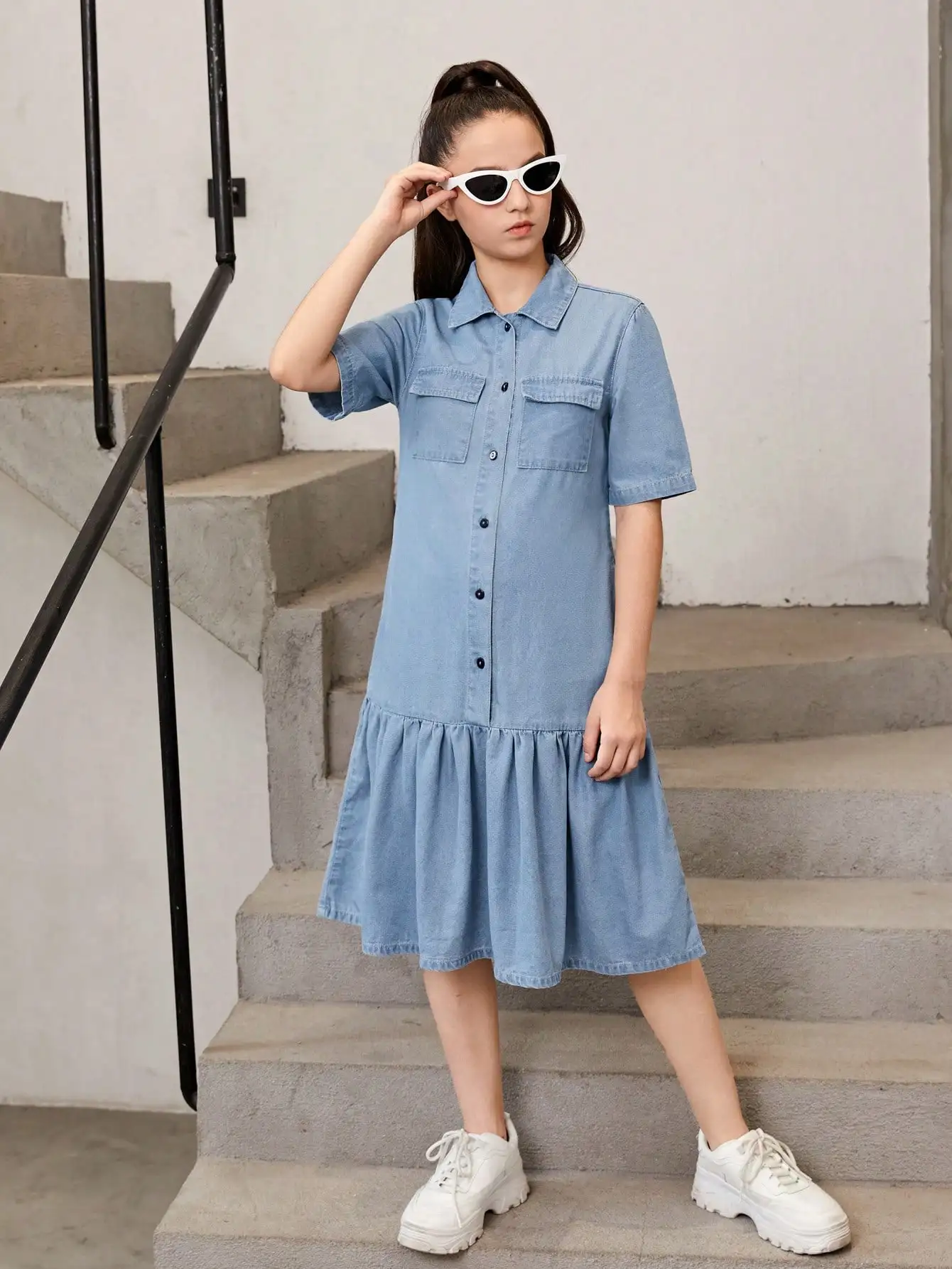 Women Flap Pocket Ruffle Hem Denim Shirt Dress