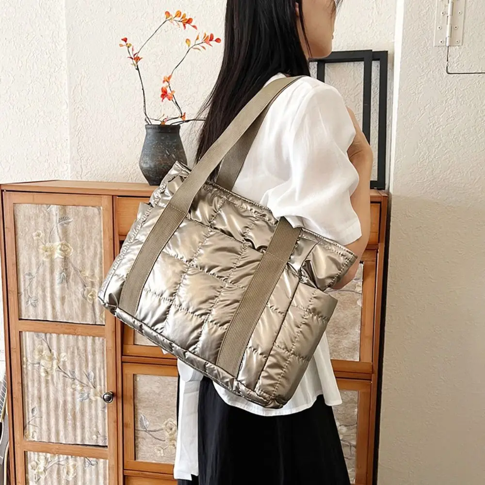 

Simple Korean Style Down Cotton Shoulder Bag Checkered Solid Color Puffy Bag Large Capacity Lightweight Nylon Handbag Lady