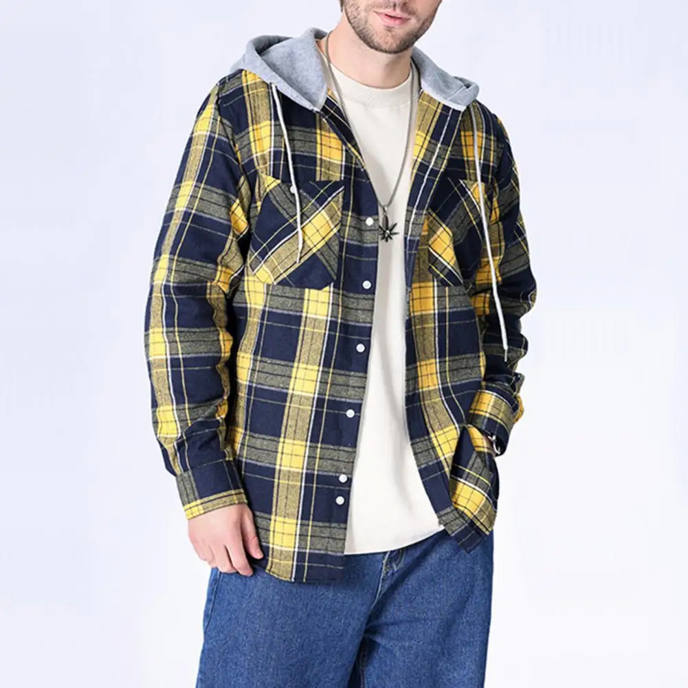 Spring Autumn Men's Hooded Shirts Classic Plaid Casual Button Down Hoodies Long Sleeve Shirts Jacket Tops