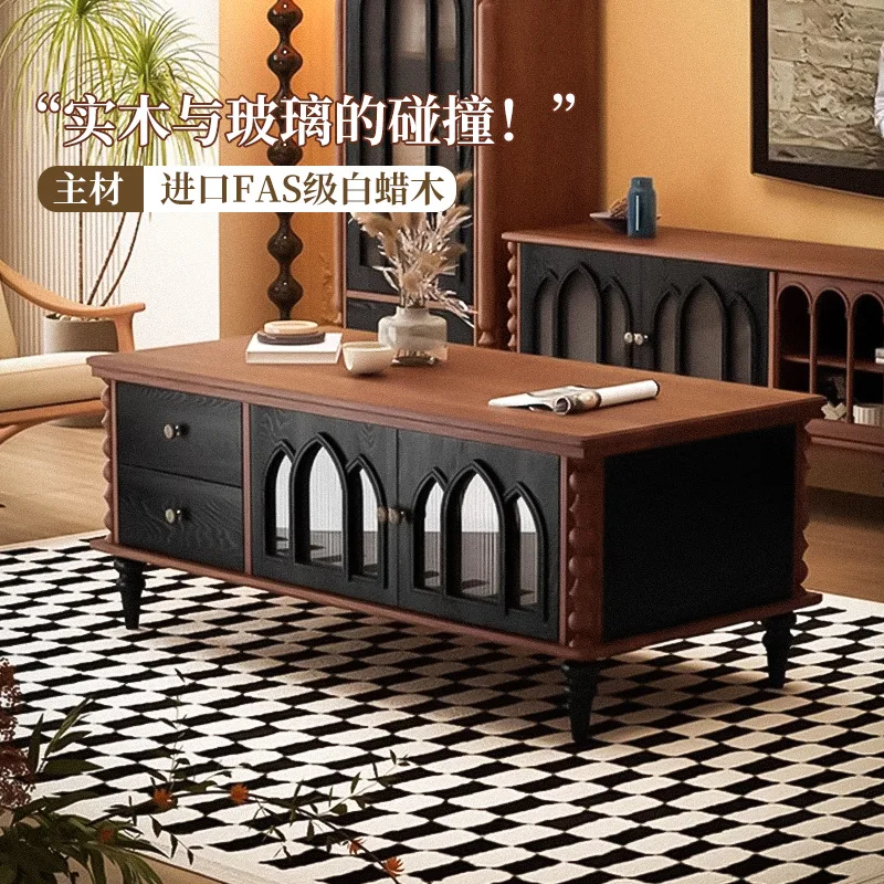 

Color matching solid wood coffee table tea table light luxury small apartment storage cabinet
