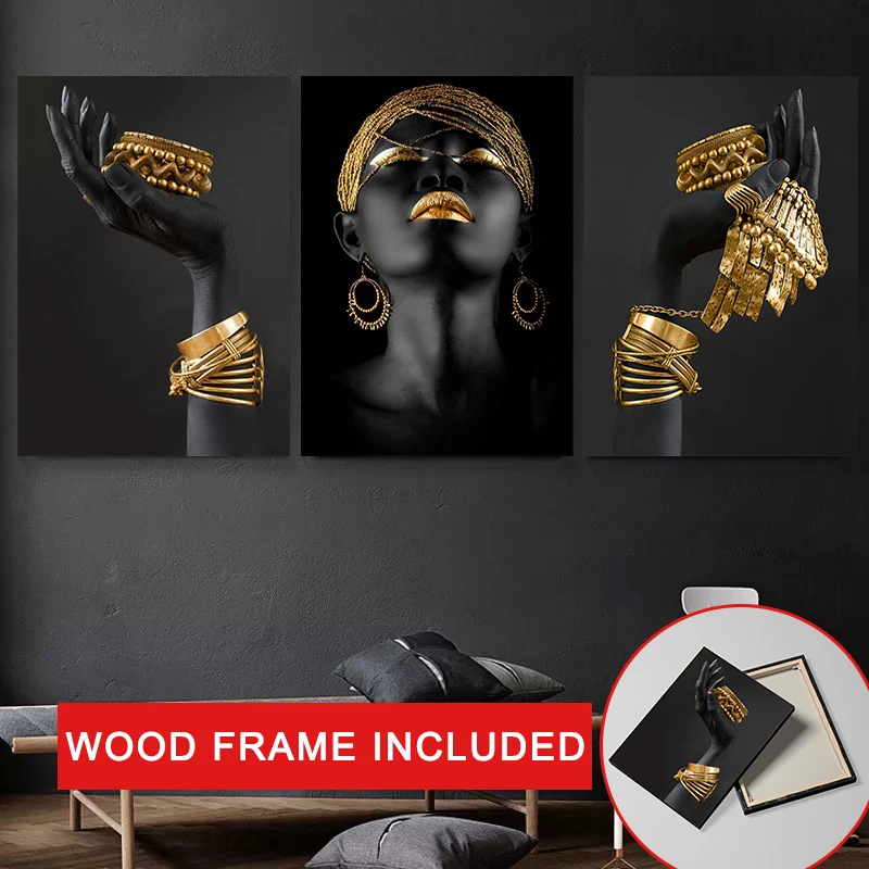 

Frame African Woman Wall Painting Art Posters Prints Big Black Woman Holding Gold Jewelry Canvas Picture for Living Room Decor