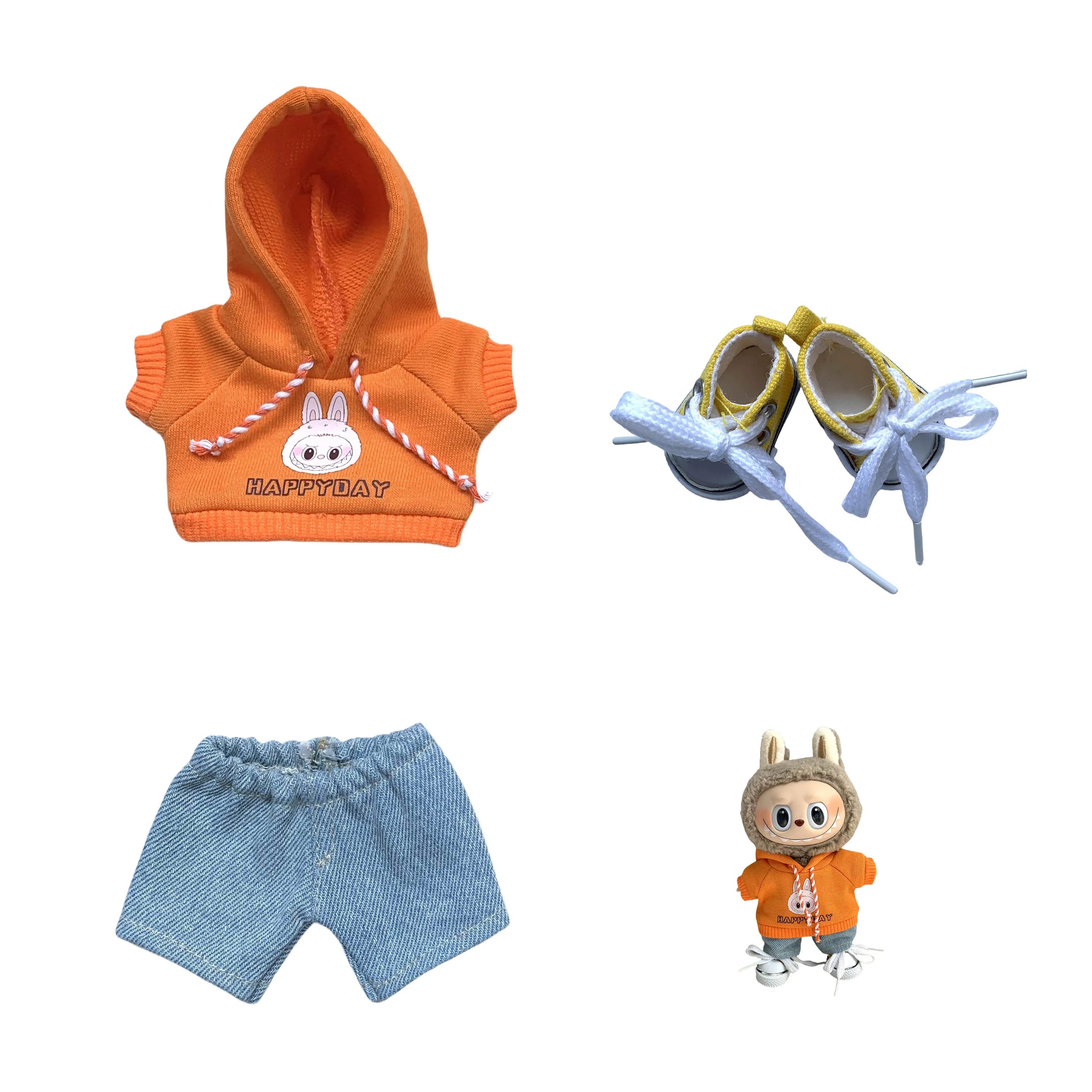 17 см мини-кукла, одежда, аксессуары для куклы Labubu, однотонная футболка с капюшоном, короткая шляпа, сумка, одежда, подарок, игрушка для девочки