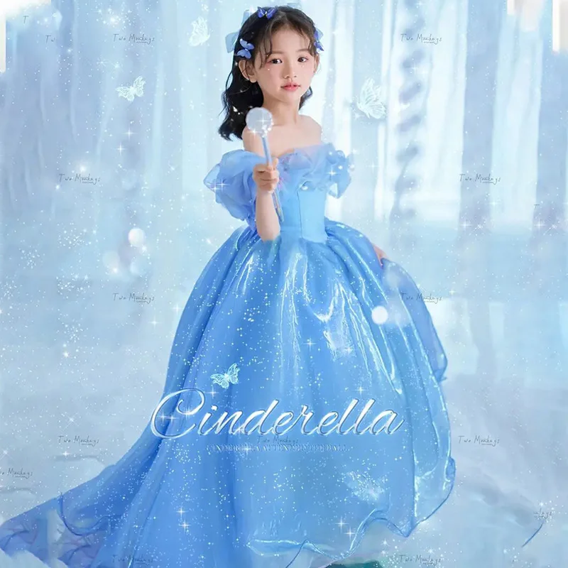 Princess Cosplay Costume for Toddler Girls 3 To 6 12 Years Kids Birthday Party Blue Dress Elegant Dresses Long Luxury 2023 Gown