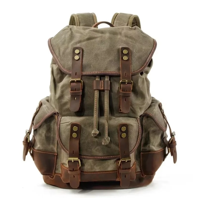 Classic Waxed Canvas Backpacks For Men Large Capacity Waterproof Travel Rucksacks Durable Mountaineering Bagpack Daily Daypacks