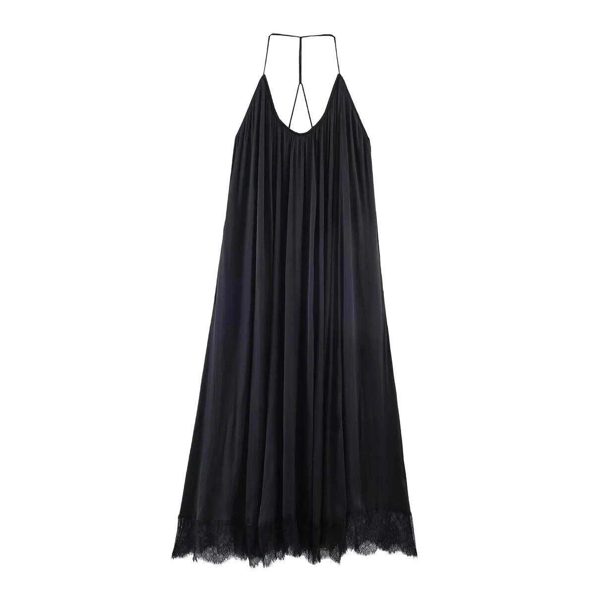 Europäischer und amerikanischer Stil, neue Damenkleidung für den Frühling, französisches Spitzen-Patchwork-Kleid mit Seidensatin-Textur und hängendem Halskragen.