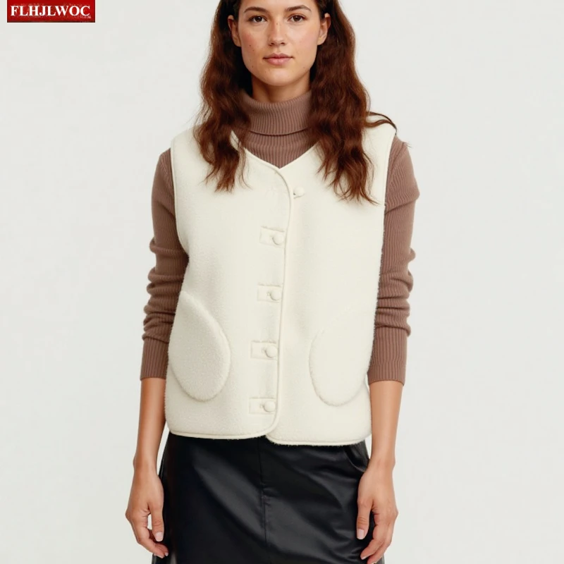 

Y2K белый жилет из искусственной овечьей шерсти, новое модное женское зимнее мягкое милое пальто без рукавов для девочек, шерстяные короткие пальто, куртки