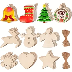 100 Uds. Adornos navideños de madera sin terminar, regalo artesanal para pintar para decoraciones de árboles de Navidad, decoración colgante navideña