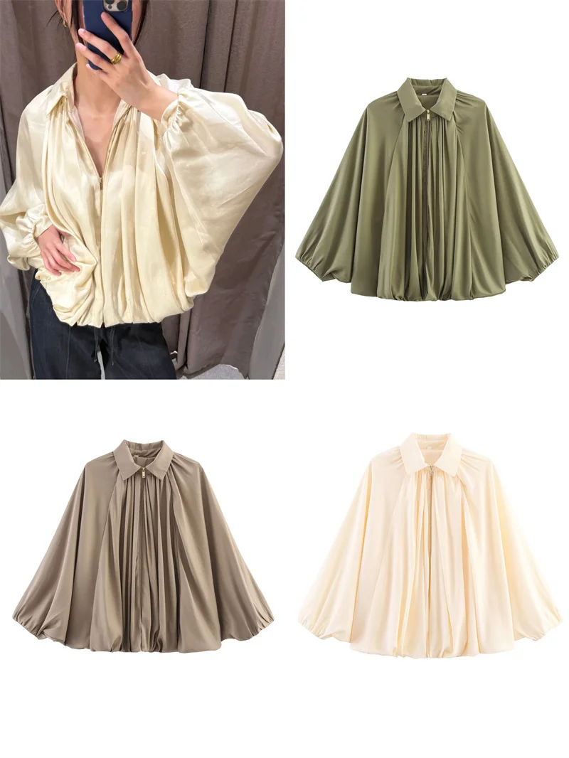 

2025 Women's New Jacket Summer Solid Color Long Sleeve Batshirt Style Bomber Jacket Casual Loose Fashion Personality