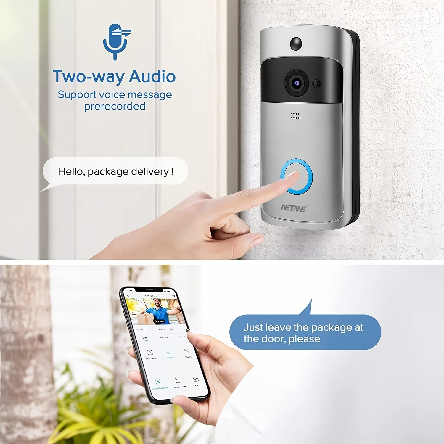 HD Wireless Battery Powered Video Doorbell Camera with Motion Detection, Night Vision, 2-Way Talk, Cloud Storage - Smart Home Se