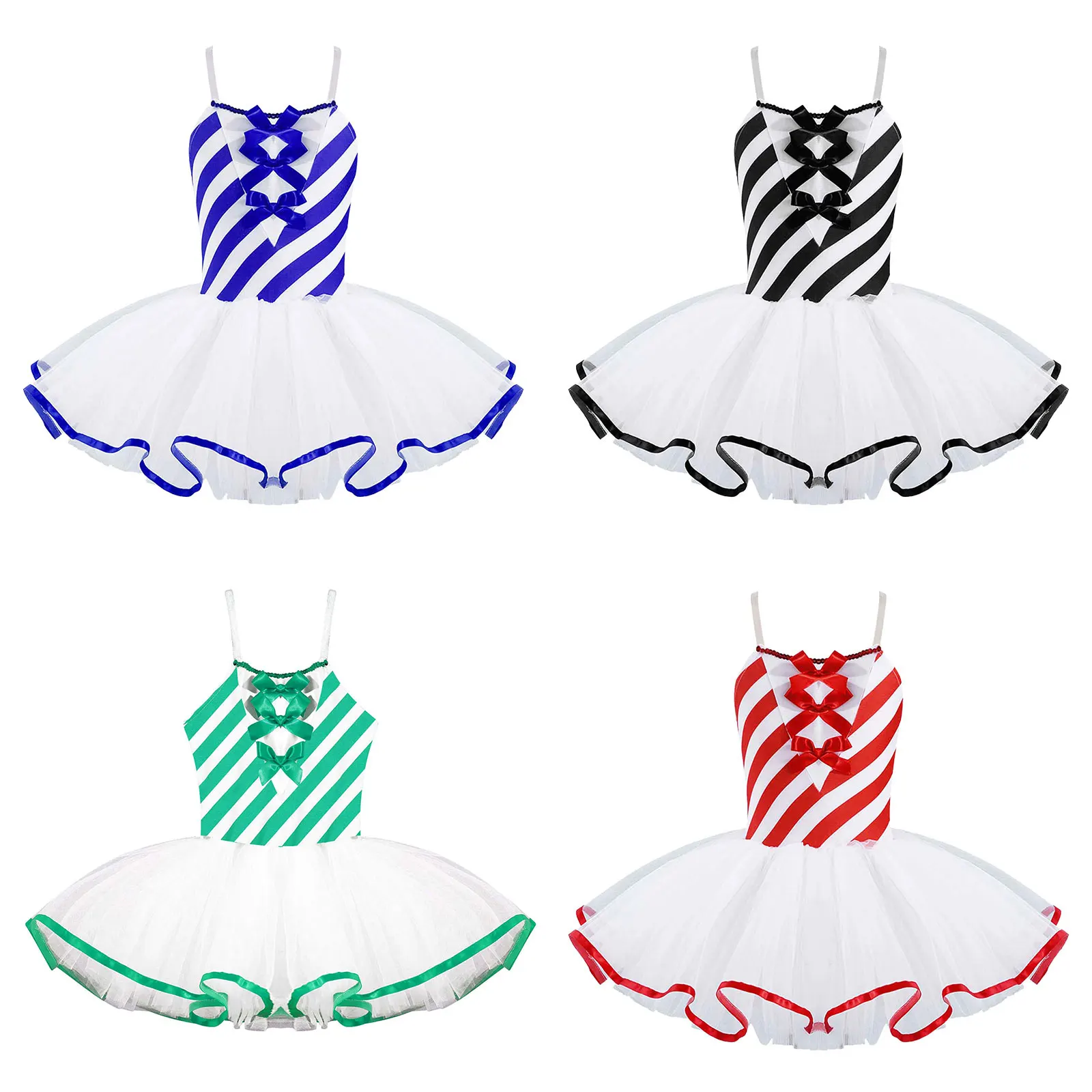 Kids Girls Candy Cane Costume Cosplay Xmas Outfit Christmas Mesh Tutu Ballet Leotards Figure Ice Skating Cami Dress for Holiday