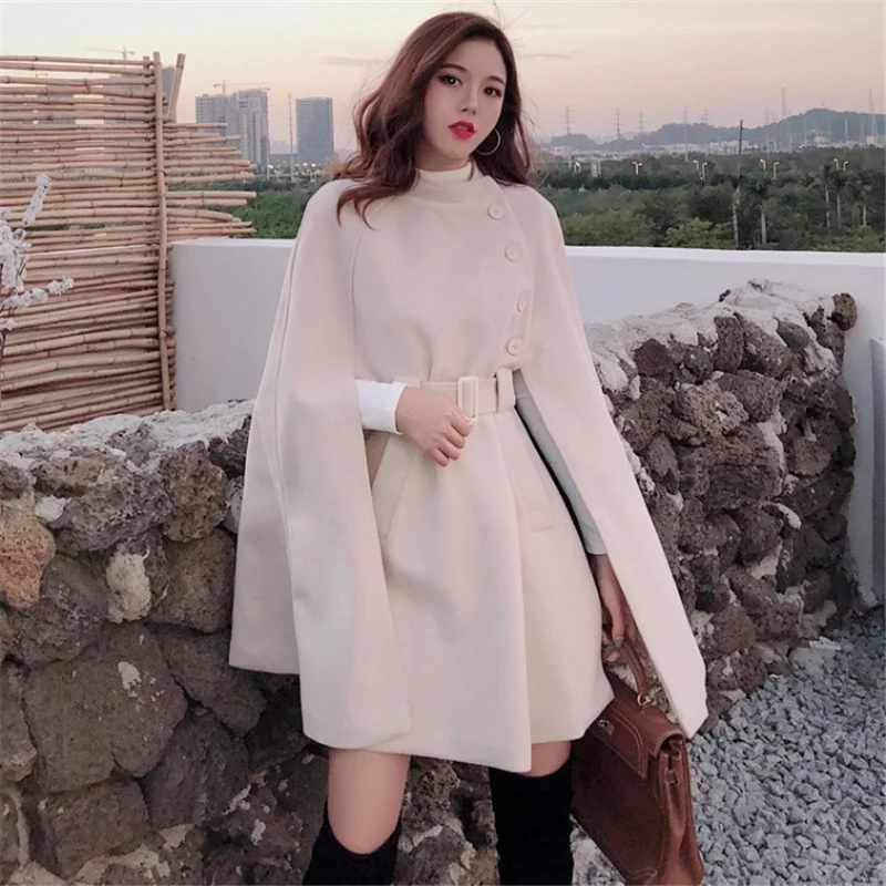 Mid-length High Quality Woolen Cloth Shawl Cape Poncho Coat Women 2024 Spring Autumn Korean Elegant Casual Ladies Cape Coats