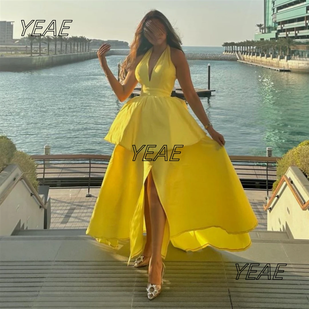 

Santorini Yellow Tiered A Line Long Prom Dresses Halter V Neck Sexy Cocktail Party Dress Side Slit Backless Homecoming Gowns