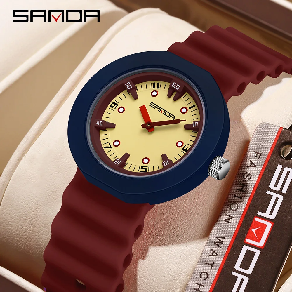 แฟชั่น SANDA แบรนด์ใหม่ 9108 เด็กควอตซ์นาฬิกา Night Light กันน้ําสีตัดกัน Stereoscopic Dial นาฬิกาควอตซ์