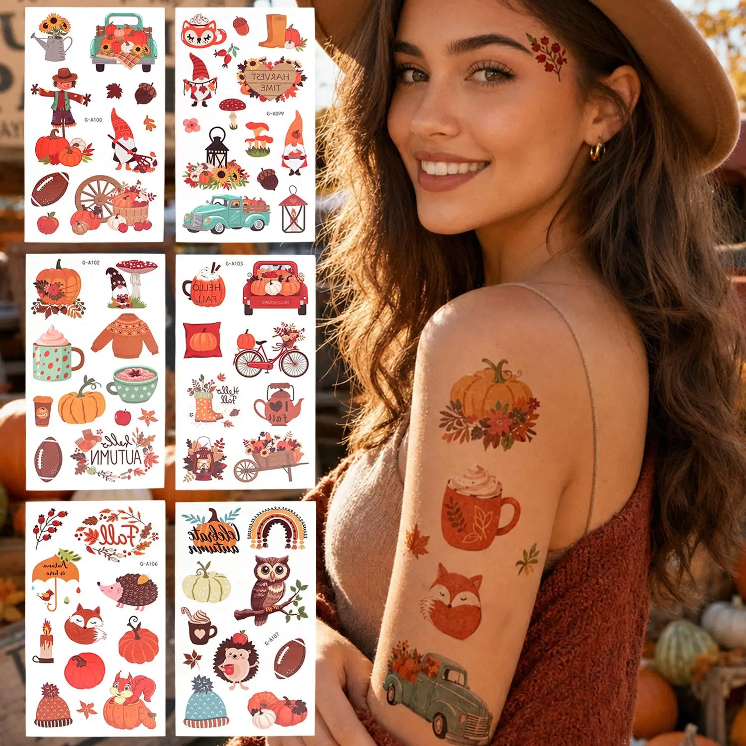 Autumn Harvest Temporary Tattoos Thanksgiving Waterproof Arm Hands Body Tattoos Sticker Lasting Cartoon Festive Dressing Decals