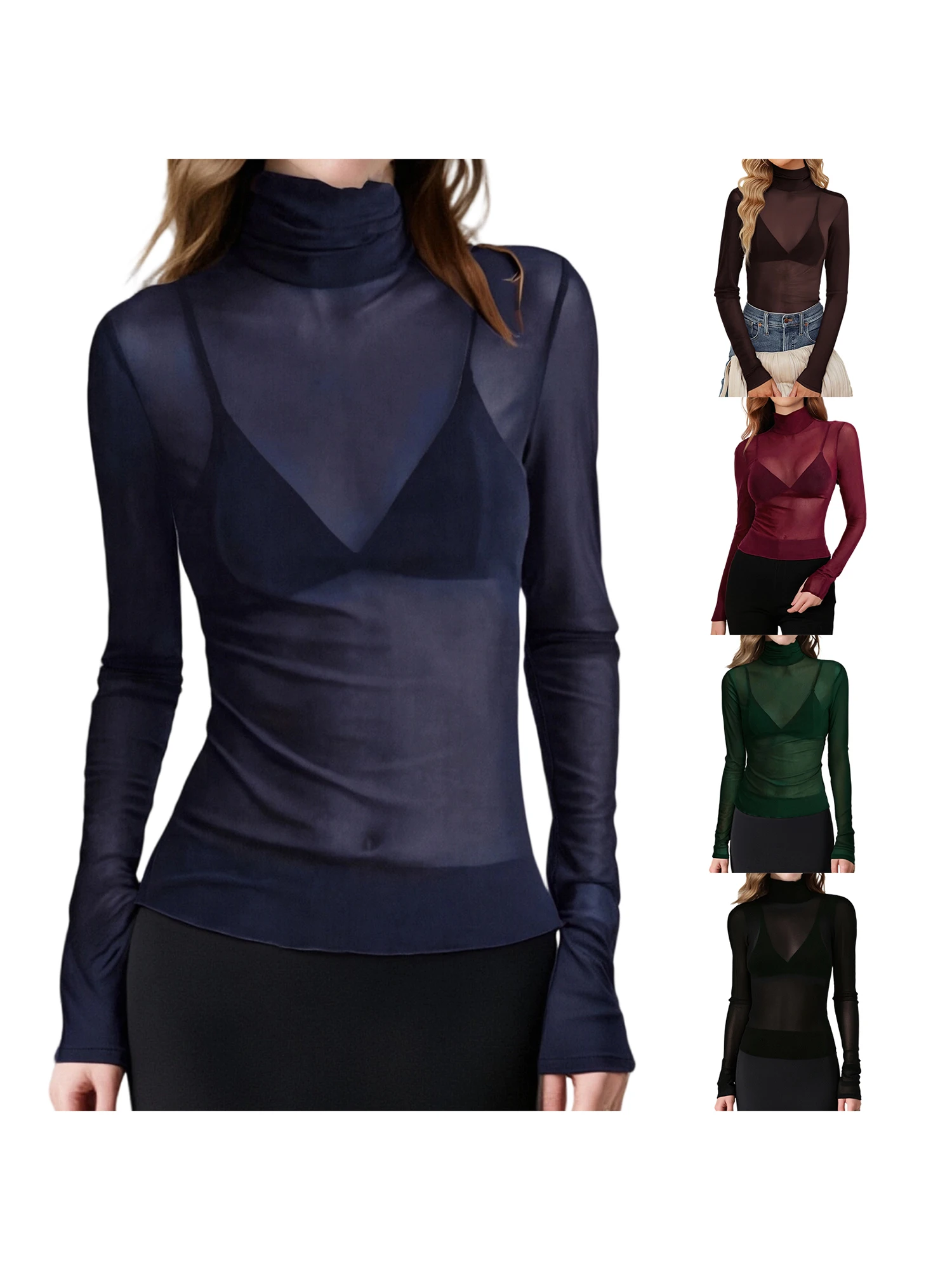 بلوزة نسائية بأكمام طويلة وياقة مدورة بلون سادة، قمصان خريفية شفافة #1