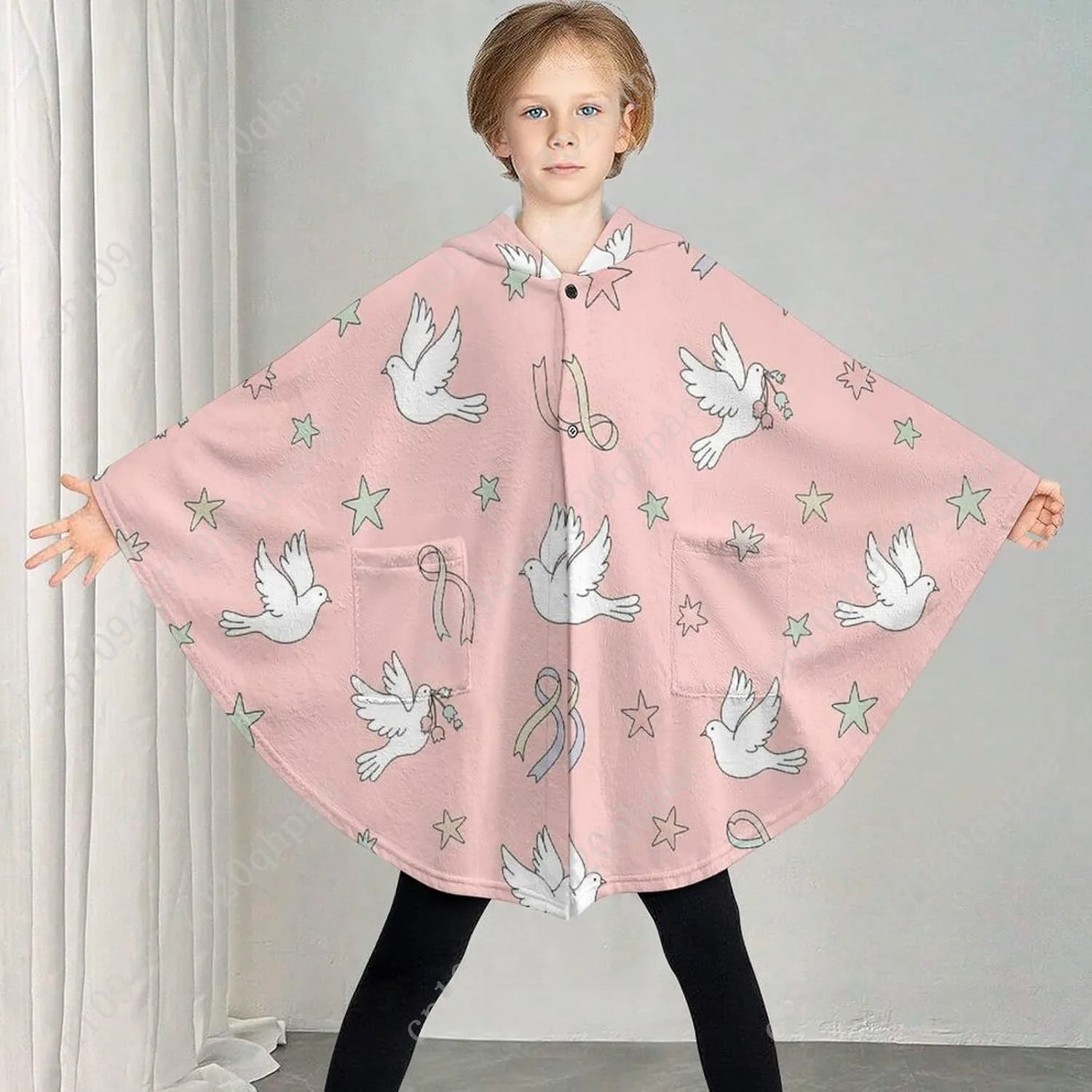 سترة بطانية مريحة من الفلانيل، قلنسوة كبيرة الحجم بأشرطة على شكل نجوم مع جيوب للأطفال والمراهقين #2