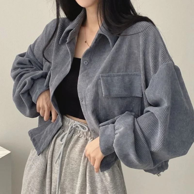 Vintage Pocket Patchwork Short Coats Spring Autumn New Long Sleeve Polo Neck Loose Solid Color Tops Casual Fashion Women Clothes