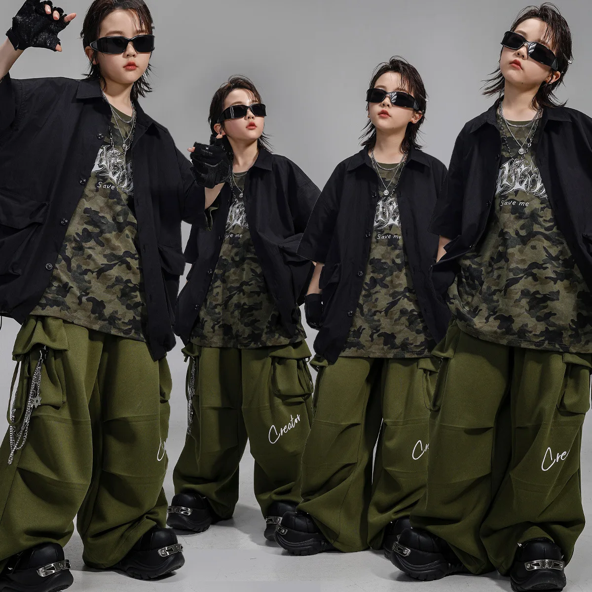 

Kid Hip Hop Clothing Camo T Shirt Black Cargo Shirt Army Green Casual Parachute Cargo Pants for Girl Boy Dance Costumes Clothes