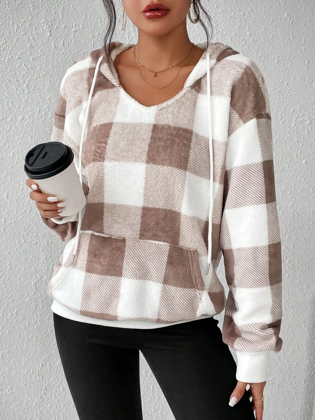 Plaid Hoodie Fall Brown Casual Fleece Lined Sherpa Pullover Oversized Kangaroo Pocket Drawstring Autumn 2026 Women's Sweatshirt