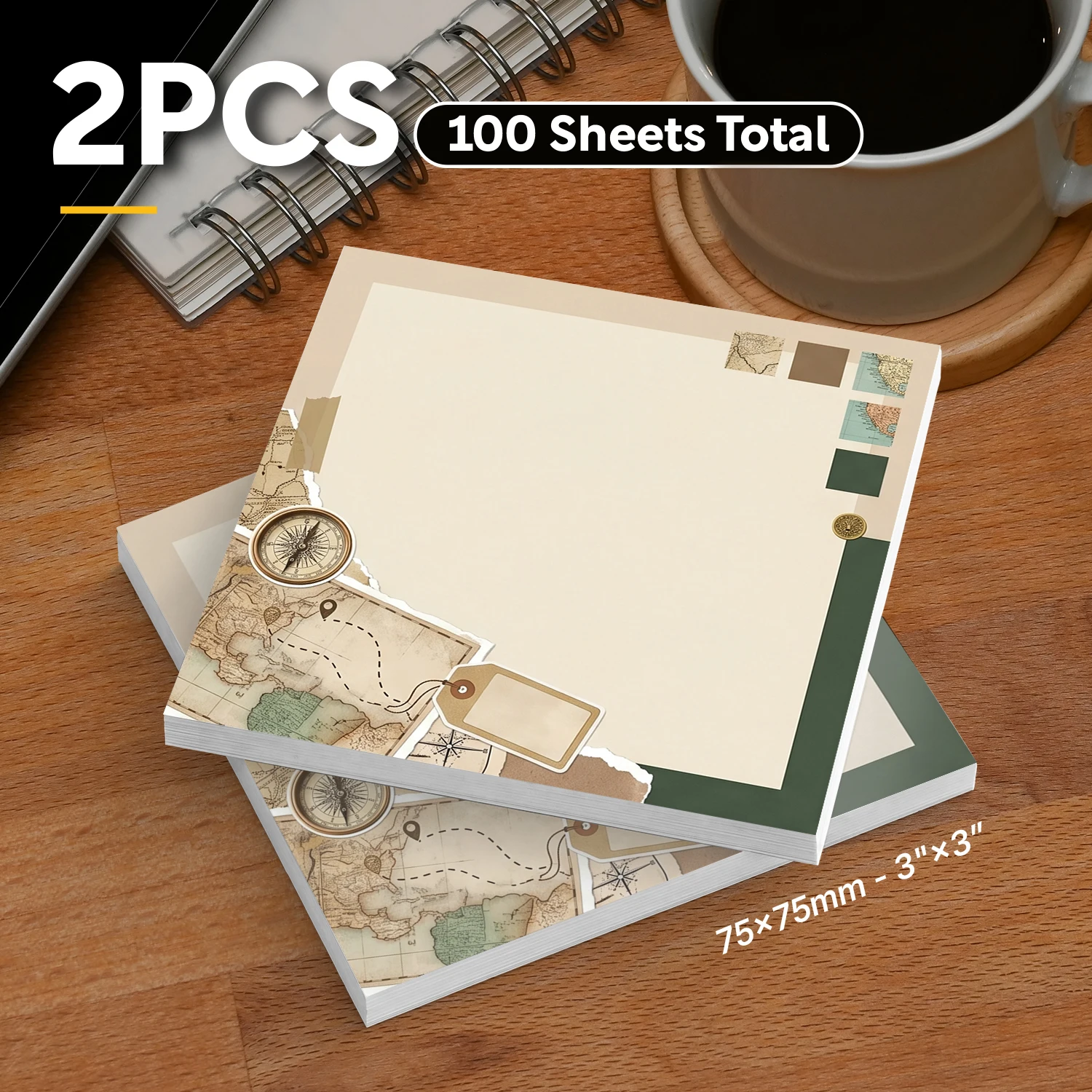 2pcs Travel Map Sticky Notes, Vintage Compass Self-Adhesive Memo Pads, 100 Sheets Total, Removable Adhesive Notes for Planner