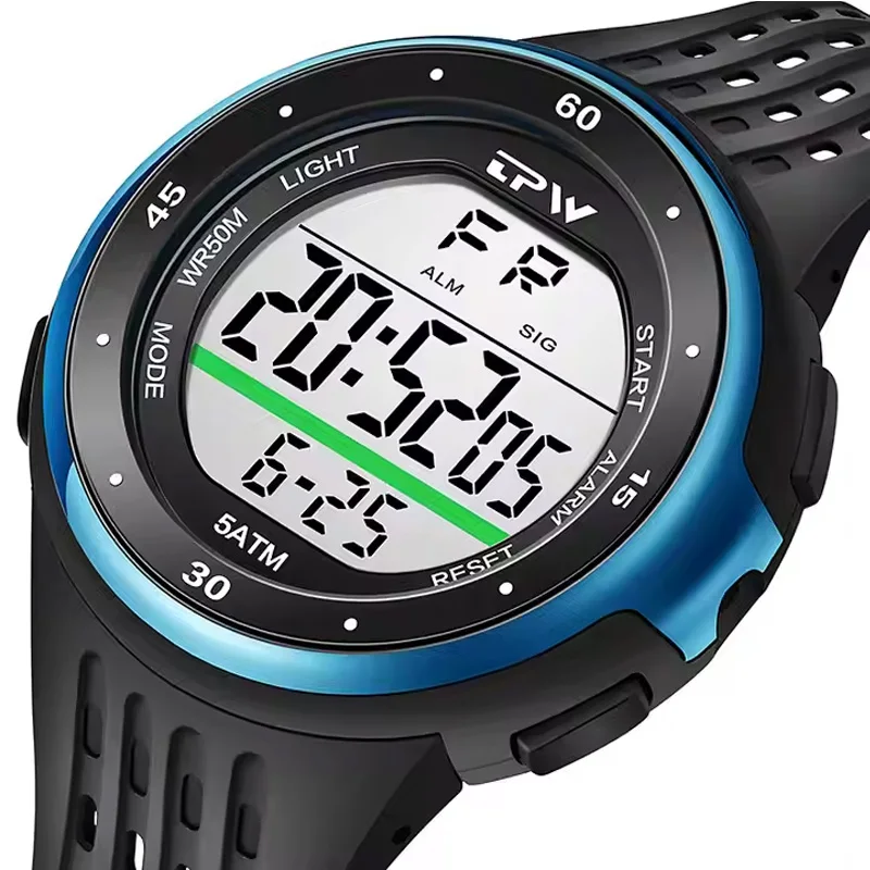 Men's Trendy Rubber Digital LED Display Sport Watch 5ATM Waterproof Electronic Plastic Wrist Watch with Alarm Clock Stopwatch