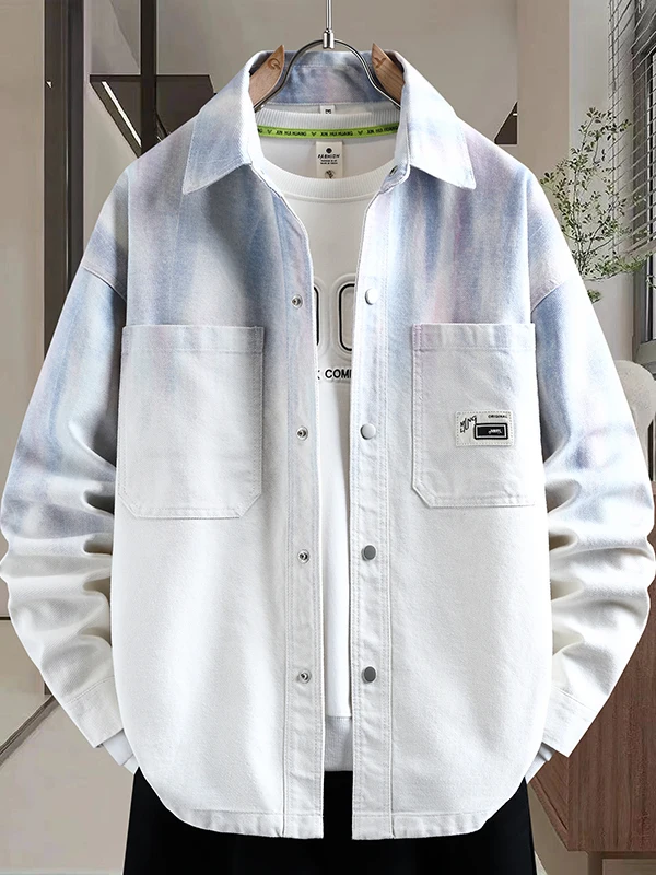 

Loose Fit adient Denim irt Long Sve Collared Casual Jaet for Teen Boys Cotton Polyester Blend Autumn Spring Wear