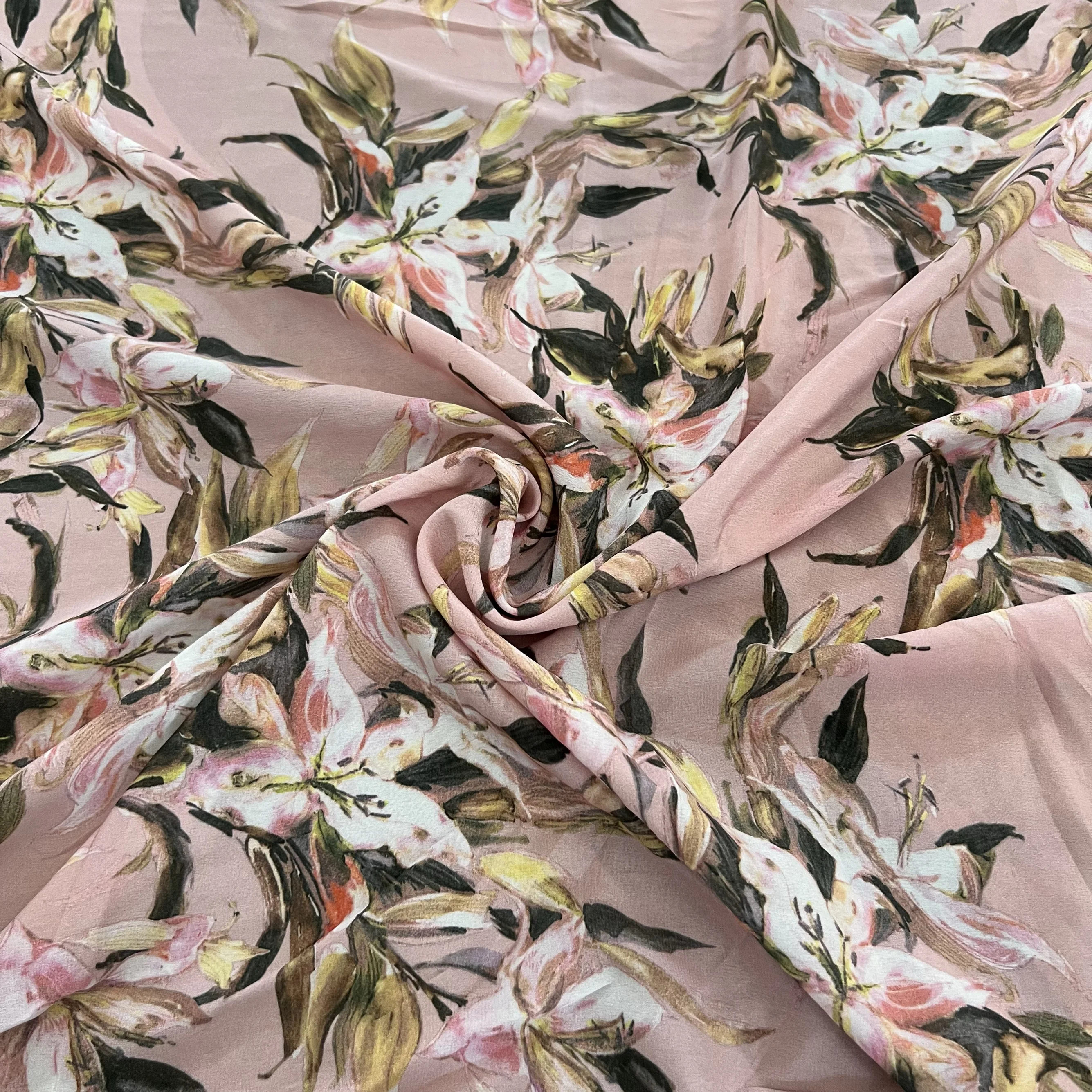 1 meter 100% Mulberry Silk 15 momme Crepe Silk Fabric Pink Lily Floral Printed 138cm 54