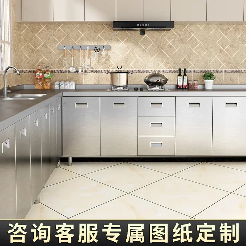 JJ304 Integrated Stainless Steel Kitchen Custom Cabinets Simple Sink Stove Cabinet Integrated Rural Storage Basket Cupboard
